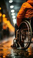 Close up view man in wheelchair holds wheels, depicting strength and capability despite handicap Vertical Mobile Wallpaper AI Generated photo