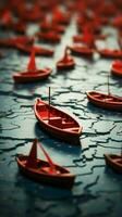 Collective journey Red leader boat guides paper boats on map, illustrating teamworks success Vertical Mobile Wallpaper AI Generated photo