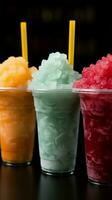 Colorful row of plastic cup slushies, brimming with frozen fruity goodness Vertical Mobile Wallpaper AI Generated photo