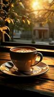 Cup holds dawn's aroma, window backdrop, table shadow stretches Coffee's awakening Vertical Mobile Wallpaper AI Generated photo