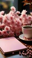 Delicate vignette, pink table hosts notebook, flowers, and coffee in charming display Vertical Mobile Wallpaper AI Generated photo