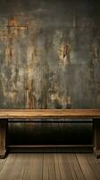 Deserted wooden plank, contrasts against grunge concrete wall background, artful composition Vertical Mobile Wallpaper AI Generated photo