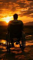 Determined silhouette wheelchair user against sunset, illustrating strength and overcoming obstacles Vertical Mobile Wallpaper AI Generated photo