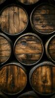 Detailed shot of wooden barrels texture, an authentic and rustic backdrop Vertical Mobile Wallpaper AI Generated photo