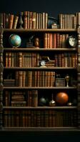 Diverse collection of aged volumes stands proudly in the librarys bookshelves Vertical Mobile Wallpaper AI Generated photo