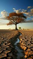 Drought stricken soil bears lone tree, portraying climate changes water shortage impact Vertical Mobile Wallpaper AI Generated photo