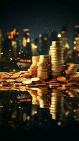 Double exposure of coins stack with graph chart and night cityscape Economic, business, financial and stock market AI Generated photo