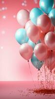 soñador celebracion, pastel globos en rosado fondo, 3d rendido, amplio Copiar espacio vertical móvil fondo de pantalla ai generado foto