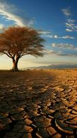 Drought stricken soil bears lone tree, portraying climate changes water shortage impact Vertical Mobile Wallpaper AI Generated photo
