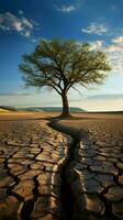 Drought stricken soil bears lone tree, portraying climate changes water shortage impact Vertical Mobile Wallpaper AI Generated photo