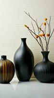 Ebony vases on sleek marble, striking contrast against white wall backdrop Vertical Mobile Wallpaper AI Generated photo