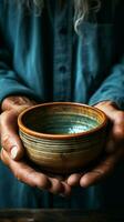 Elderly mans hands clutch empty bowl on wooden surface, representing hunger and poverty Vertical Mobile Wallpaper AI Generated photo