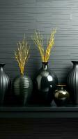 Elegant black ceramic vases positioned on black marble, white wall behind Vertical Mobile Wallpaper AI Generated photo