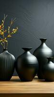 Elegant black ceramic vases positioned on black marble, white wall behind Vertical Mobile Wallpaper AI Generated photo