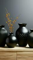 Elegant black ceramic vases positioned on black marble, white wall behind Vertical Mobile Wallpaper AI Generated photo