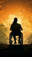 Empowering silhouette wheelchair bound figure against sunset, embodying strength and perseverance Vertical Mobile Wallpaper AI Generated photo