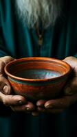 Empty bowl held by elderly hands, symbolizing the stark reality of hunger Vertical Mobile Wallpaper AI Generated photo