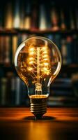 Enlightened insights Light bulb above book signifies creative ideas fostered through reading Vertical Mobile Wallpaper AI Generated photo