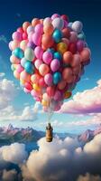 fantasy plane fly and floating in sky with bunch of colorful balloons Vertical Mobile Wallpaper AI Generated photo