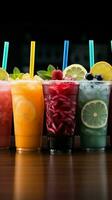 Icy fruit slushies stand united in plastic cups, forming a chilly lineup Vertical Mobile Wallpaper AI Generated photo