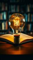 Illuminating knowledge Glowing bulb enhances books wisdom, symbolizing inventive inspiration Vertical Mobile Wallpaper AI Generated photo