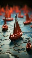 Leading the way Red boat guides paper fleet on world map, symbolizing teamwork Vertical Mobile Wallpaper AI Generated photo