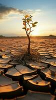 solitario árbol coles en tostado tierra, simbolizando clima crisis, agua escasez debido a global calentamiento vertical móvil fondo de pantalla ai generado foto