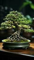 Lush miniature tree on wooden table, bridging nature and interior aesthetics Vertical Mobile Wallpaper AI Generated photo