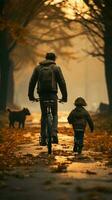 Man helping his kid in learning to ride a bicycle, rear view Vertical Mobile Wallpaper AI Generated photo