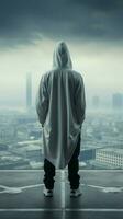 Man in hood stands aloof on rooftop, face concealed, blank space emphasizing anonymity Vertical Mobile Wallpaper AI Generated photo