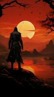 Majestic silhouette, samurai poised at sunset, an iconic stance against vibrant backdrop Vertical Mobile Wallpaper AI Generated photo