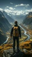 montaña ensueño, hombre en emigrar admira vista, capturado desde detrás en sendero vertical móvil fondo de pantalla ai generado foto