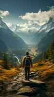 Mountain reverie, man on trek admires view, captured from behind on trail Vertical Mobile Wallpaper AI Generated photo