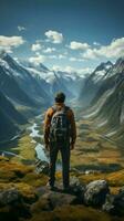 Mountain reverie, man on trek admires view, captured from behind on trail Vertical Mobile Wallpaper AI Generated photo