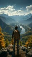 Natures reward, successful hiker enjoys mountaintop view, a tangible accomplishment Vertical Mobile Wallpaper AI Generated photo