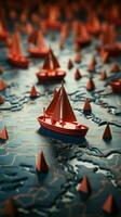navegando éxito rojo líder barco novillos papel flota en global mapa, representando eficaz liderazgo vertical móvil fondo de pantalla ai generado foto