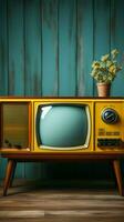 nostálgico encanto, Clásico amarillo televisión descansa en de madera mesa, menta azul fondo vertical móvil fondo de pantalla ai generado foto