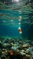 Oceano estropeado por el plastico botellas y microplásticos, subrayando el problema de marina contaminación vertical móvil fondo de pantalla ai generado foto