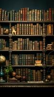 Numerous aged books grace shelves, forming a timeless tapestry within the library Vertical Mobile Wallpaper AI Generated photo