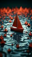 Paper boats following a red leader boat on world map Concept for leadership, teamwork and winning success Vertical Mobile Wallpaper AI Generated photo