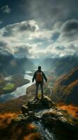 Peak appreciation, successful hiker enjoys mountain view, a testament to his achievements Vertical Mobile Wallpaper AI Generated photo