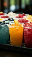 Plastic cups hold frozen fruit slushies, aligned in a colorful, frosty row Vertical Mobile Wallpaper AI Generated photo