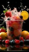 el plastico taza magia, congelado Fruta granizados, un Estallar de color y frescura vertical móvil fondo de pantalla ai generado foto