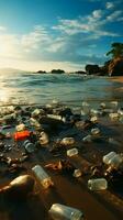 Plastic remnants scatter beach, underscoring environmental harm caused by beach pollution Vertical Mobile Wallpaper AI Generated photo