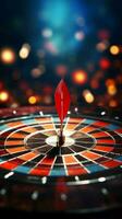 Precise success Red darts hit target center against dark blue sky, symbolizing accomplishment Vertical Mobile Wallpaper AI Generated photo