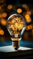 Radiance of thought Light bulb over book symbolizes inspiration, creativity, and self learning Vertical Mobile Wallpaper AI Generated photo