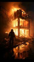 Rescuer battles smoldering embers in burnt out house, water providing essential aid Vertical Mobile Wallpaper AI Generated photo