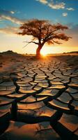 Resilient tree amid cracked earth signifies climate changes impact water shortage, global warming Vertical Mobile Wallpaper AI Generated photo