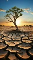 Resilient tree amid cracked earth signifies climate changes impact water shortage, global warming Vertical Mobile Wallpaper AI Generated photo
