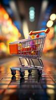 Retail immersion Shopping cart navigates supermarket, blending with blurred store bokeh Vertical Mobile Wallpaper AI Generated photo